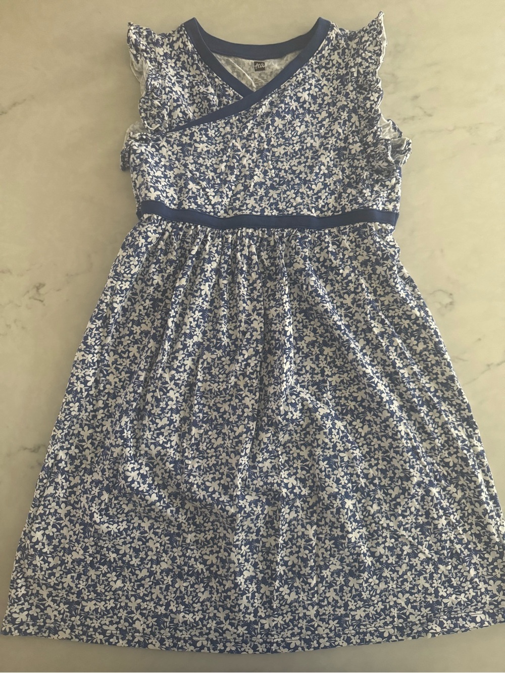 Tea Collection Blue and White Floral Wrap Neck Dress
